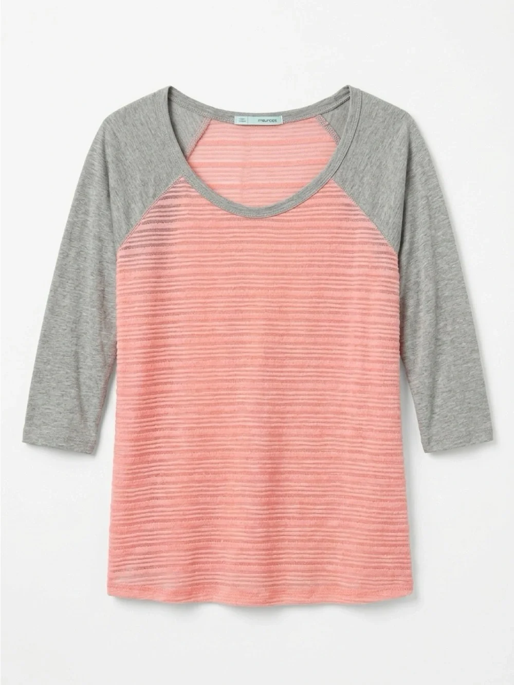 Madewell Coral Pink Stripe Raglan Tee with Heather Gray Sleeves